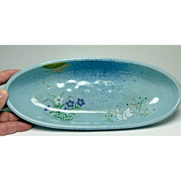 Japanese Arita-Yaki Arita Ware Tsukimi-Usagi Oblong Dish Rabbit Autumn Moon Blue - Picture 1 of 7